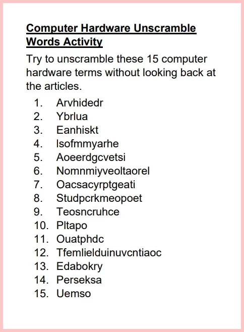 Computer Hardware Unscramble Words Activity