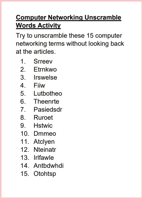 Computer Networking Unscramble Words Activity