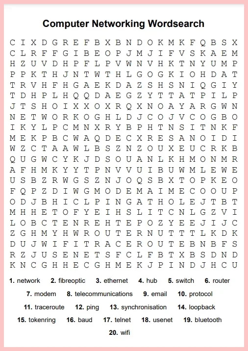 Computer Networking Wordsearch