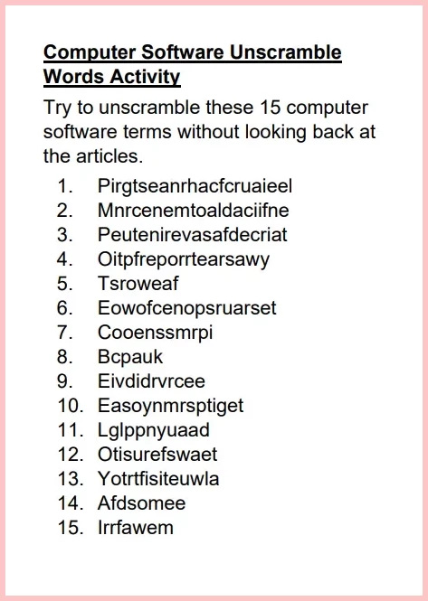 Computer Software Unscramble Words Activity